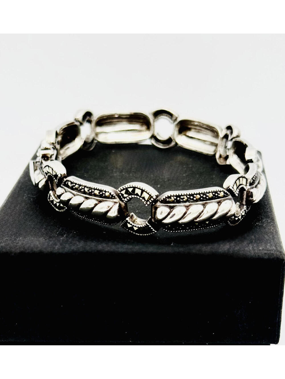 Vintage Judith Jack sterling silver rope marcasite accents link bracelet